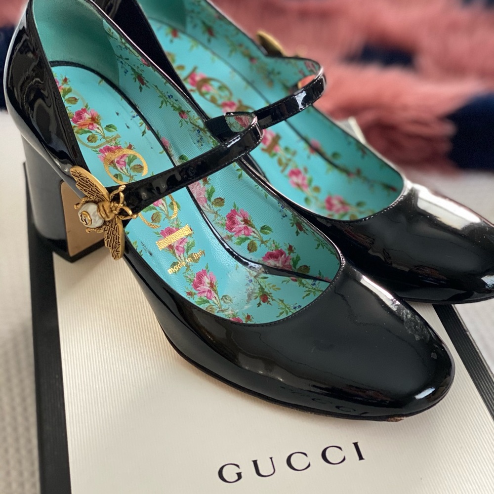 GUCCI black patent leather Lois mid-heel pump